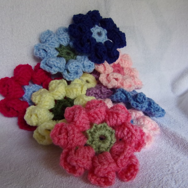 3d hand crocheted flower embellishment set of 10 with a craft pin, flower appliques, multiple uses, flower for hats, flower for flip flops