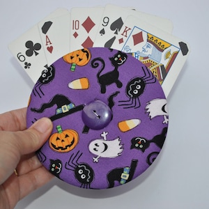 playing card holder, Halloween themed card holder, easy hold playing card holder, family game night card holder, fabric no drop card holder