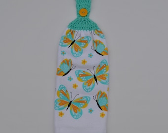 hanging kitchen butterfly dish towel, summer kitchen double towel butterfly decor hanging towel, crochet top towel, full towel no cut no sew