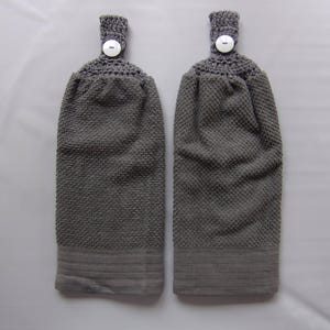 gray crochet top hanging kitchen dish towel, thick absorbent kitchen towel, gray hand towel, crochet top towel, full towel no cut no sew