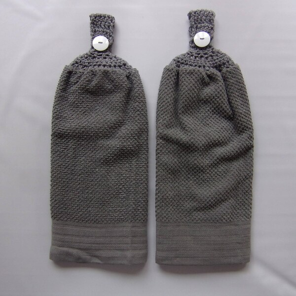 gray crochet top hanging kitchen dish towel, thick absorbent kitchen towel, gray hand towel, crochet top towel, full towel no cut no sew