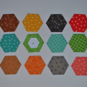 English paper piecing hexagons 1.5&quot; or 1&quot;, set of 48 country fall color thread basted hexagon sewing supply, country prints, craft hexies