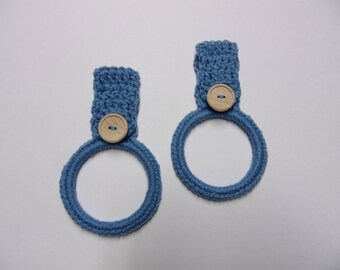 crocheted hand towel holders/rings set of 2, country blue kitchen towel ring, hand towel holder, dorm room decor, RV camper towel holder