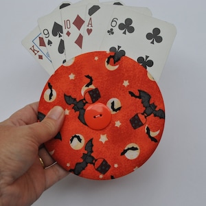 playing card holder, Halloween themed card holder, easy hold playing card holder, family game night card holder, fabric no drop card holder
