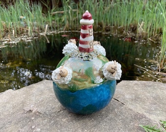 Esfera de jardín Sylt, decoración de jardín, esfera de jardín, jardines rústicos, decoración de balcón, primavera, jardín de ensueño, rebaño de ovejas, faro, vacaciones, mar, Mar del Norte