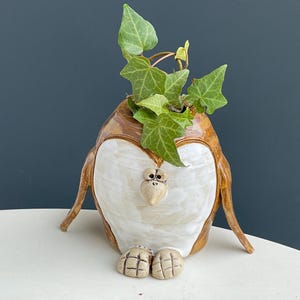 Könnte beinhalten: Ein keramischer, eulenformiger Pflanztopf mit braunem und weißem Finish. Die Eule hat Schnabel-, Augen- und Fußdetails. Grüne Efeupflanzen wachsen aus der Oberseite des Pflanztopfs. Der Pflanztopf steht auf einer weißen Oberfläche.