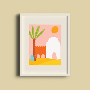 tunisian architecture illustration, pastel print, minimalist tribal Poster, as a greeting card/postcard/Wall Art/wall decor.