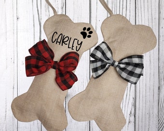 Personalized Dog Bone Stocking: Burlap Buffalo Plaid Pet Stocking