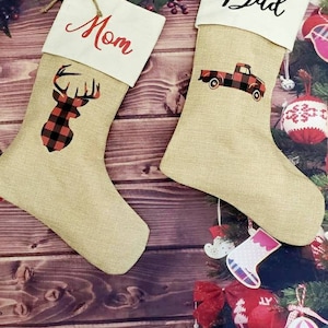 Personalized Burlap Christmas Stocking: Buffalo Plaid Farmhouse Decor