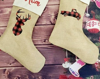 Personalized Burlap Christmas Stockings, Buffalo Plaid Christmas Stockings, Rustic Christmas Stocking, Farmhouse Christmas Stockings