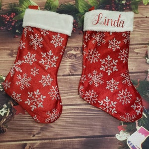 Personalized Christmas Stockings, Red and Silver Christmas Stockings, Snowflake Christmas Stockings, Velvet Christmas Stockings,