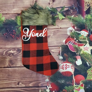 Personalized Buffalo Plaid Stockings, Buffalo Plaid Christmas Decorations, Personalized Christmas Stockings, Fur Stockings, Custom Christmas