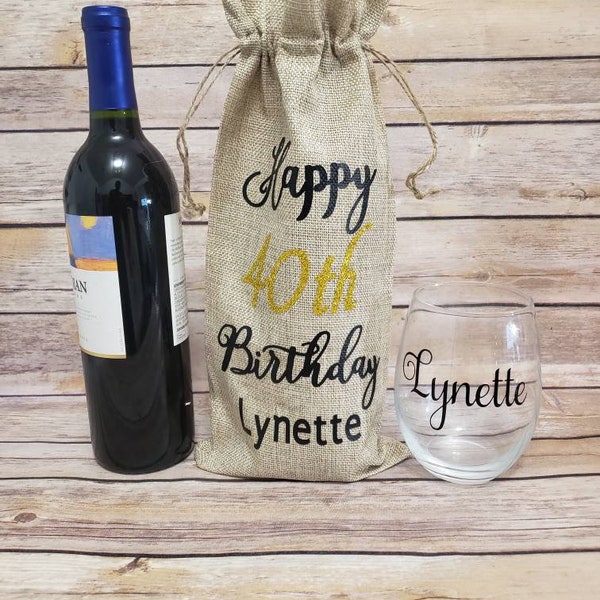 Personalized Wine Bottle Bag, Custom Gift Bag, Wine Lover Gift, Wine Bag, Jute Wine Bag,Birthday Gift, 40th Birthday Gift,  Wine Tote