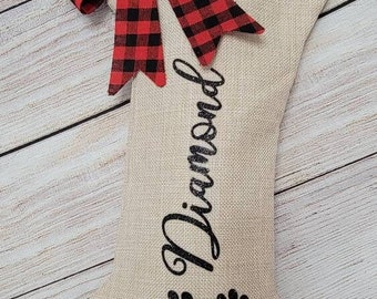 Personalized Dog Bone Christmas Stocking: Burlap Buffalo Check Bow