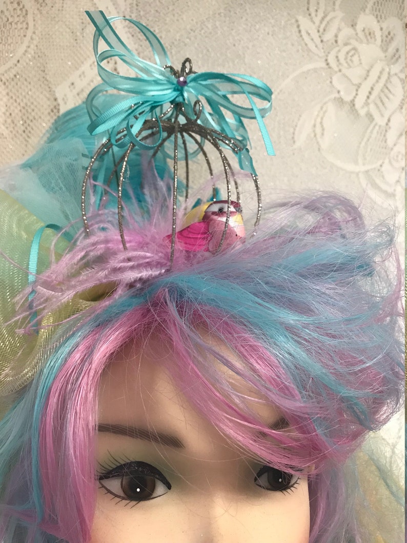 Teal, Lavender, Pink and Yellow Long Wavy Drag Show Wig with Sparkling Birdcage and Resident Bird. image 9