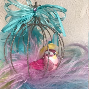 Teal, Lavender, Pink and Yellow Long Wavy Drag Show Wig with Sparkling Birdcage and Resident Bird. image 4