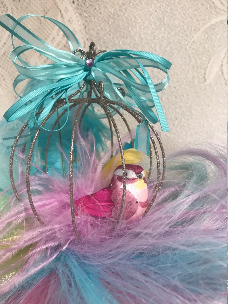 Teal, Lavender, Pink and Yellow Long Wavy Drag Show Wig with Sparkling Birdcage and Resident Bird. image 4