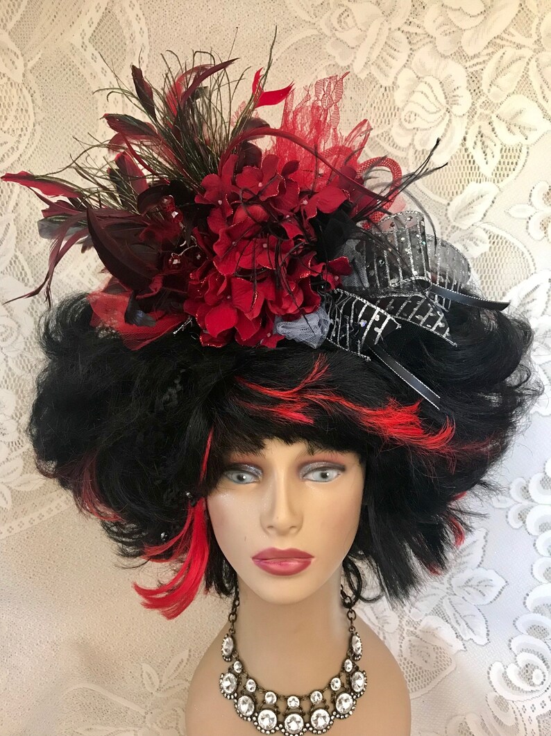 Short Black and Red Lighted Saloon Girl Wig With Flower and Etsy
