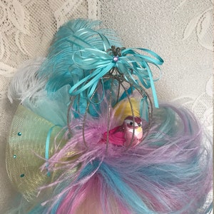 Teal, Lavender, Pink and Yellow Long Wavy Drag Show Wig with Sparkling Birdcage and Resident Bird. image 10