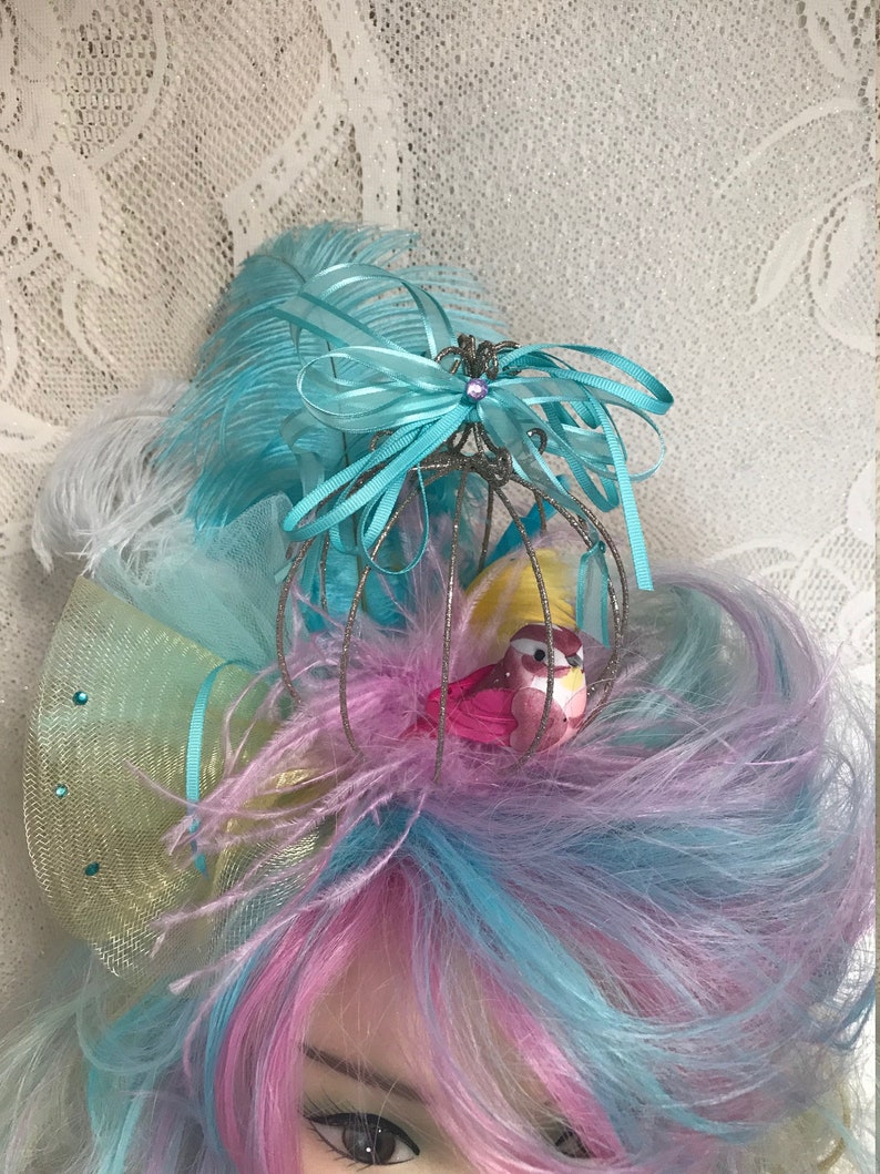 Teal, Lavender, Pink and Yellow Long Wavy Drag Show Wig with Sparkling Birdcage and Resident Bird. image 10