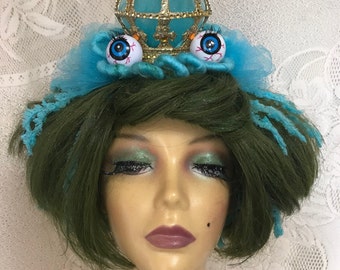 Green and Blue Short Frog Princess Wig with Crown and Sparkling Eyes