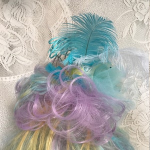 Teal, Lavender, Pink and Yellow Long Wavy Drag Show Wig with Sparkling Birdcage and Resident Bird. image 7