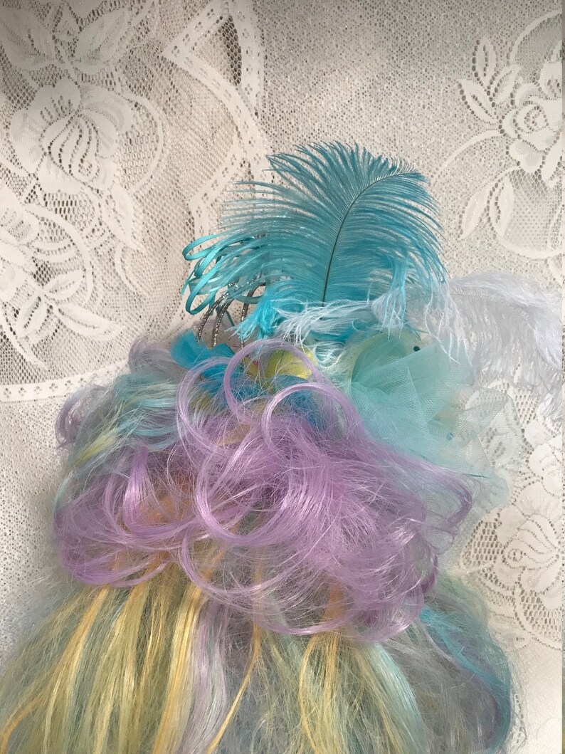 Teal, Lavender, Pink and Yellow Long Wavy Drag Show Wig with Sparkling Birdcage and Resident Bird. image 7