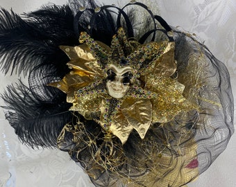 Black Lighted Mardi Gras Carnival Headband Fascinator with Gold Flower and Jester