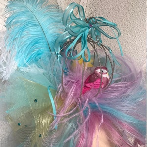 Teal, Lavender, Pink and Yellow Long Wavy Drag Show Wig with Sparkling Birdcage and Resident Bird. image 6