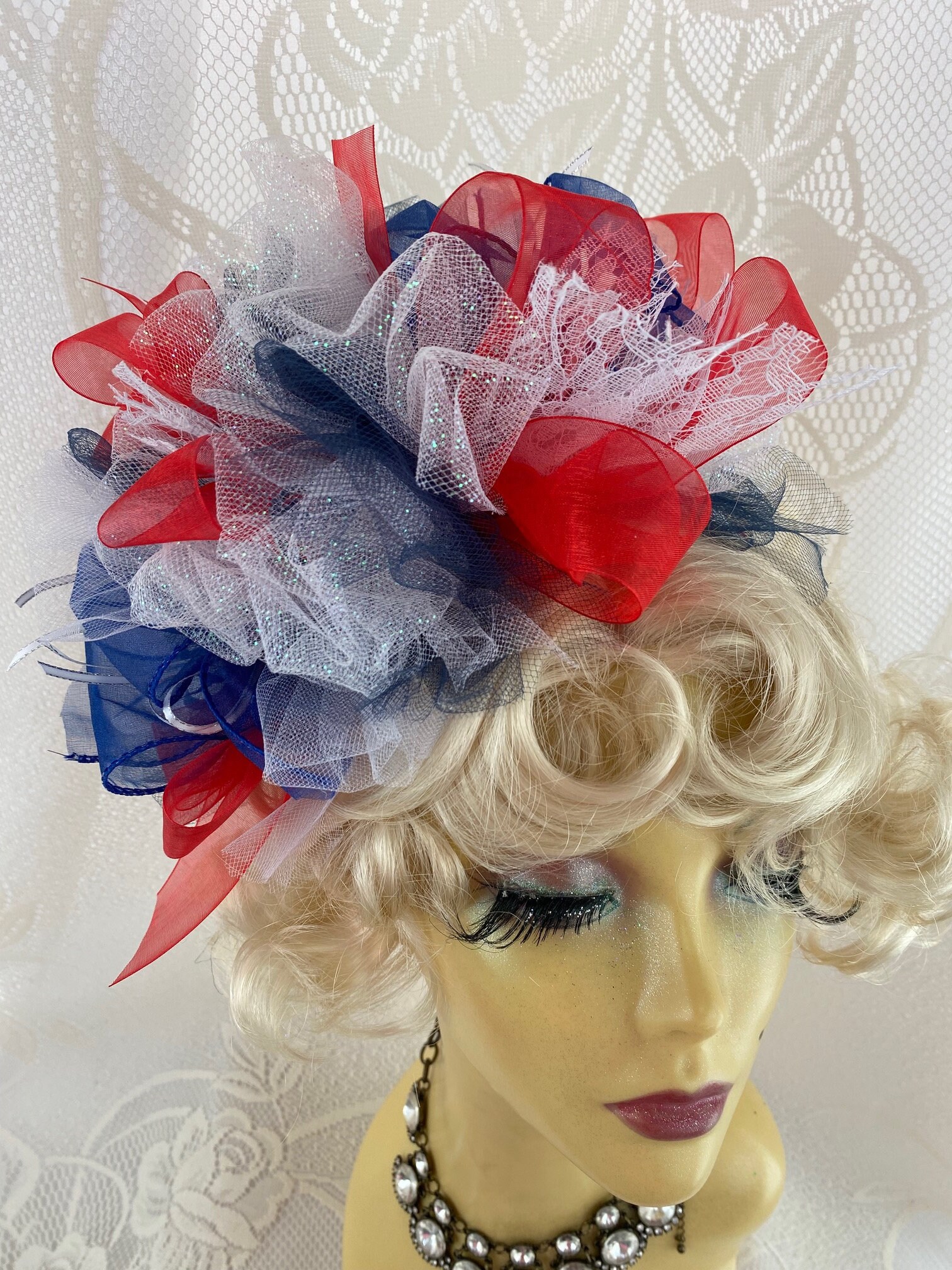 Elegant Red White Blue Dotted Feathers Fascinator 3pc Headband Clip Patriotic Patriotic Fascinator - Etsy main image 4