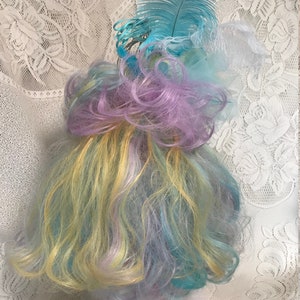 Teal, Lavender, Pink and Yellow Long Wavy Drag Show Wig with Sparkling Birdcage and Resident Bird. image 8