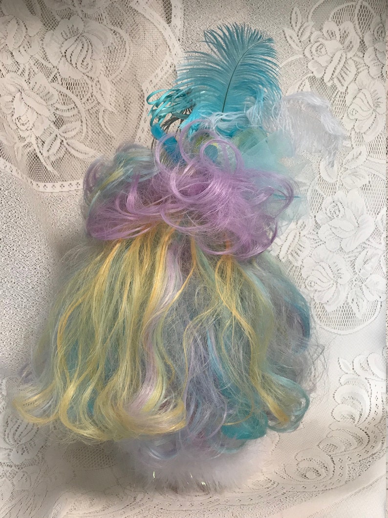 Teal, Lavender, Pink and Yellow Long Wavy Drag Show Wig with Sparkling Birdcage and Resident Bird. image 8