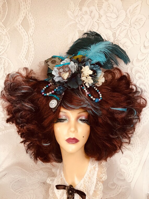 Brown And Teal Blue Steam Punk Vintage Wig With Lighted Owl Etsy