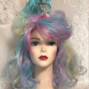 Teal, Lavender, Pink and Yellow Long Wavy Drag Show Wig with Sparkling Birdcage and Resident Bird. image 3