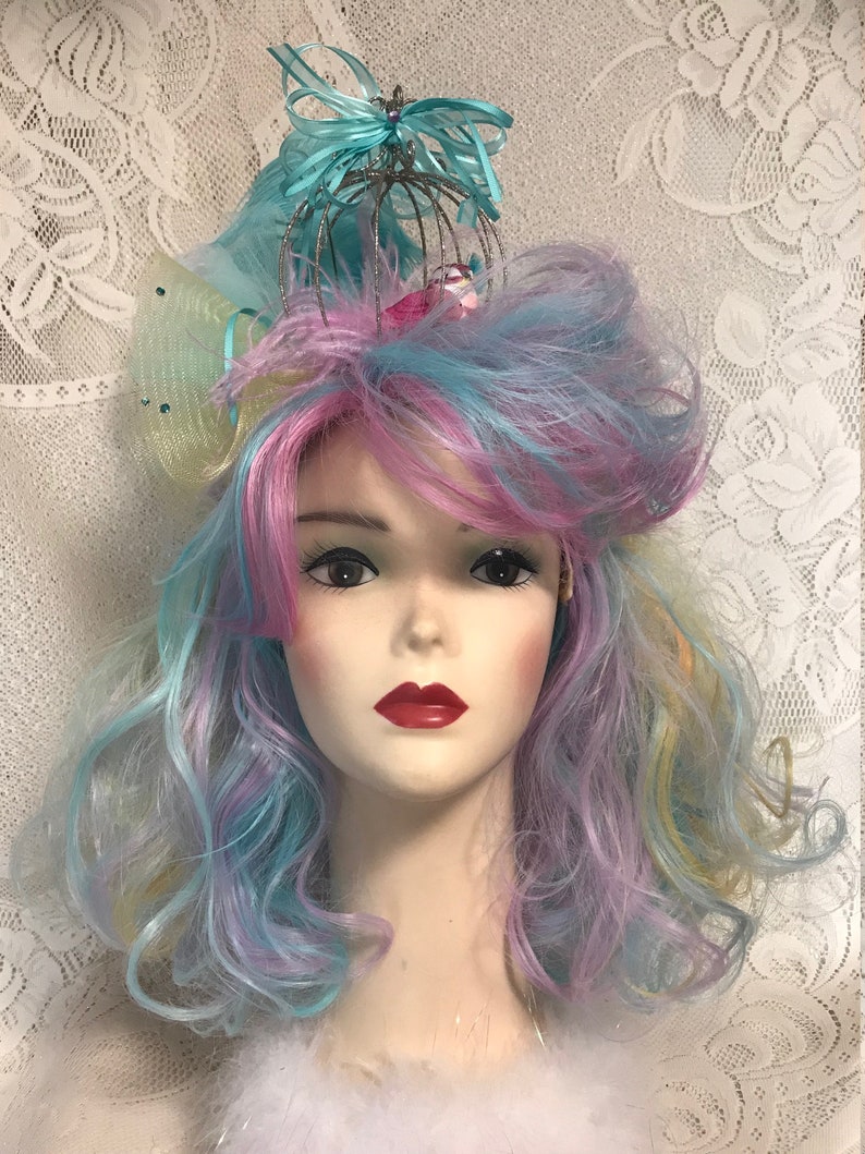 Teal, Lavender, Pink and Yellow Long Wavy Drag Show Wig with Sparkling Birdcage and Resident Bird. image 3