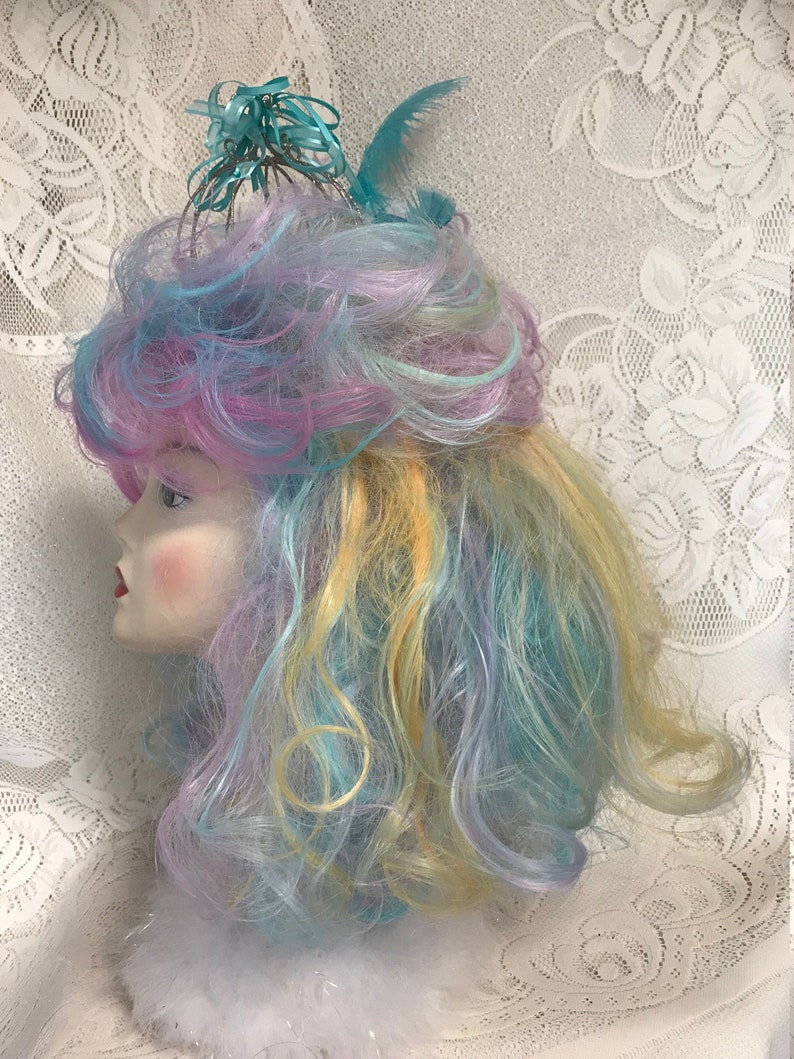 Teal, Lavender, Pink and Yellow Long Wavy Drag Show Wig with Sparkling Birdcage and Resident Bird. image 2