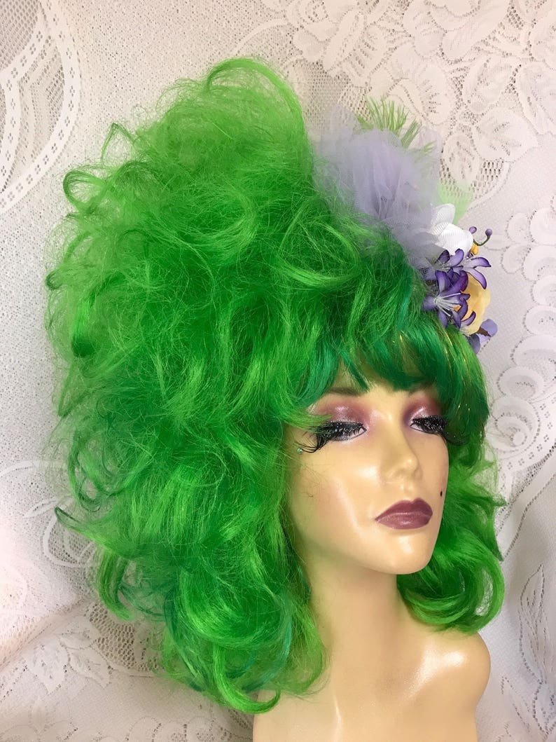Bright Green Fun Drag Show Wig With Purple Flowered Fascinator - Etsy