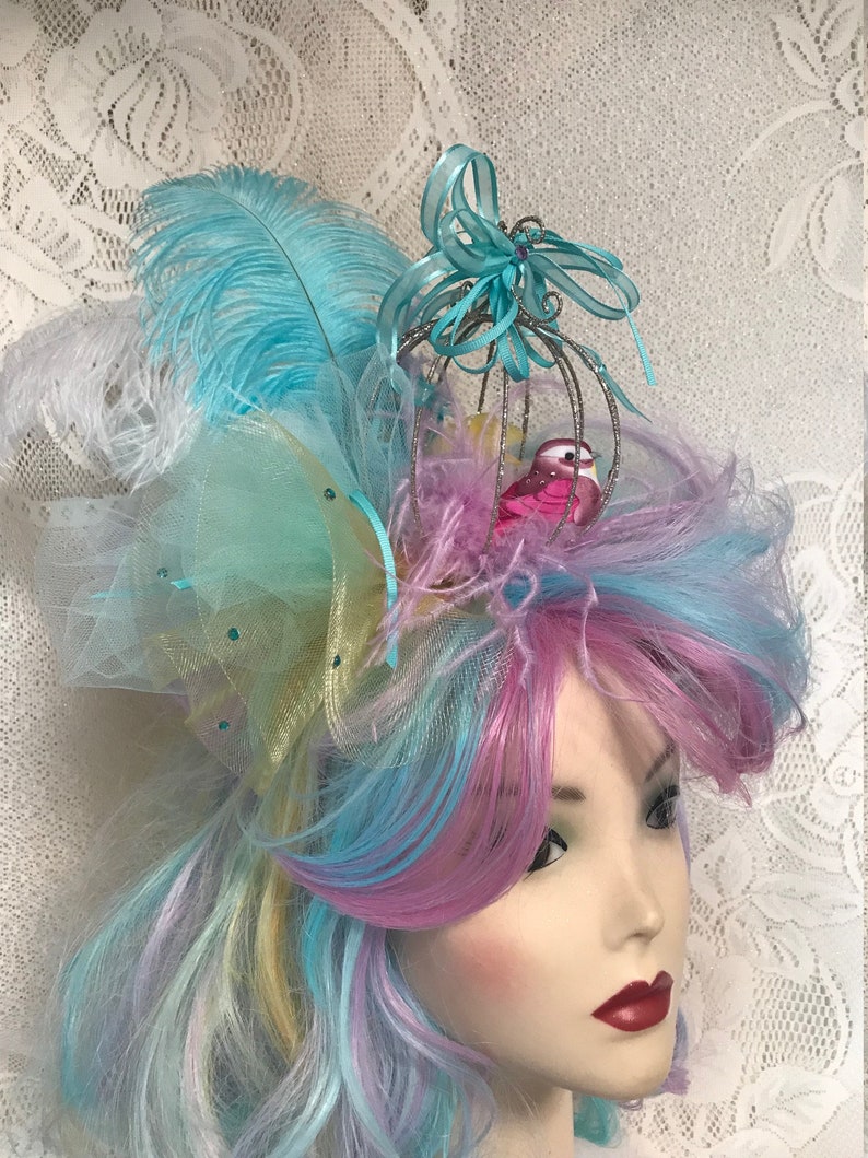 Teal, Lavender, Pink and Yellow Long Wavy Drag Show Wig with Sparkling Birdcage and Resident Bird. image 1