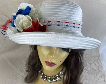 White Patriotic 4th of July Church Derby Hat with Red White and Blue Flower Trim