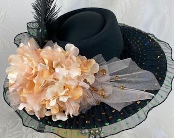 Vintage Black Gold Derby Hat Wide Briml Satin Roses Church Statement‎  Elegant Ladies Wide Brim Victorian Style Hat Wedding Kentucky Derby  main image 4