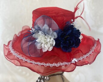 Bright Red, White & Blue Opening Day, Church, Derby Hat with Crinoline and Pearl Accents