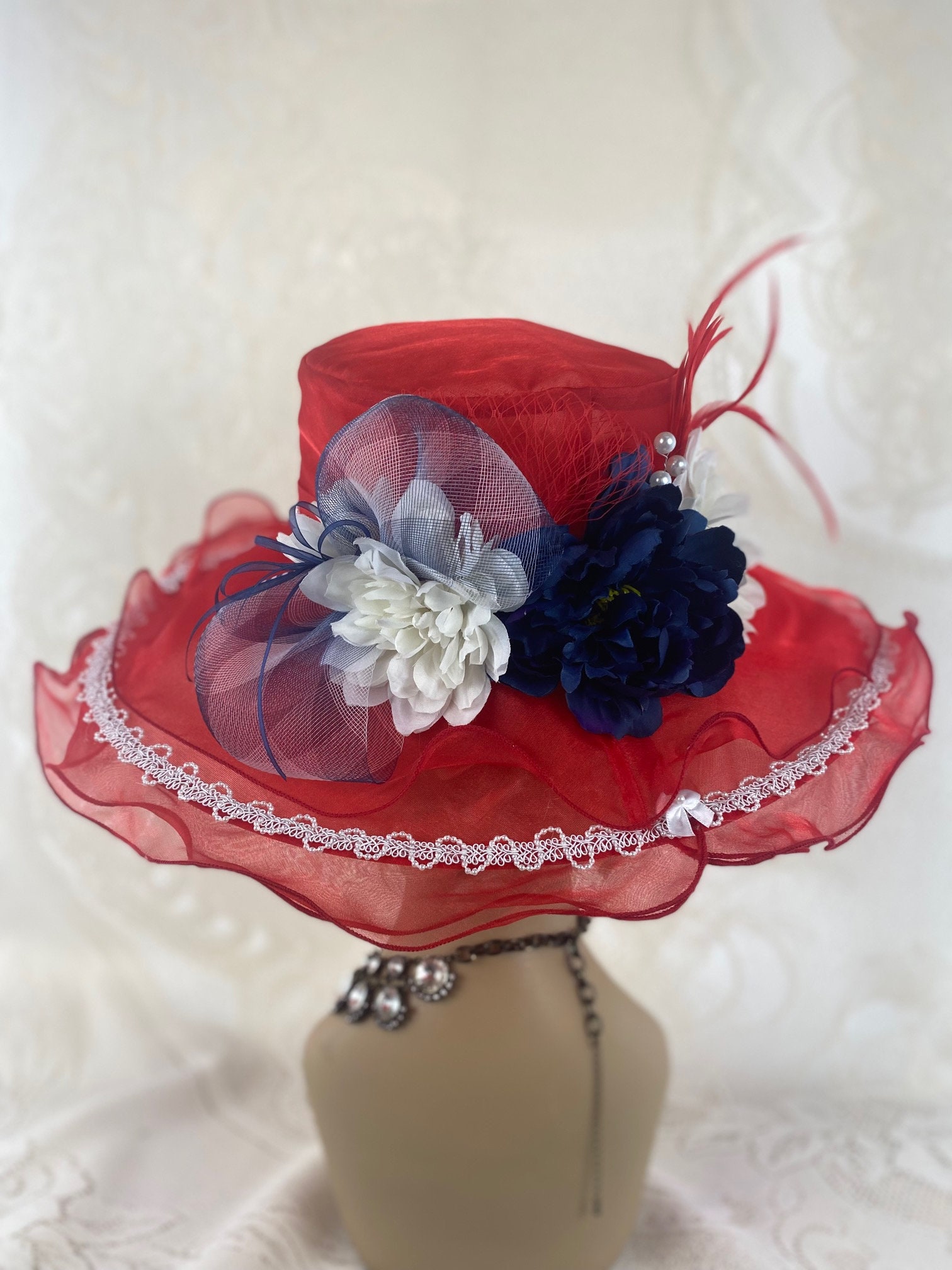 Bright Red, White & Blue Opening Day, Church, Derby Hat With 
