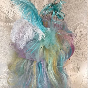 Teal, Lavender, Pink and Yellow Long Wavy Drag Show Wig with Sparkling Birdcage and Resident Bird. image 5