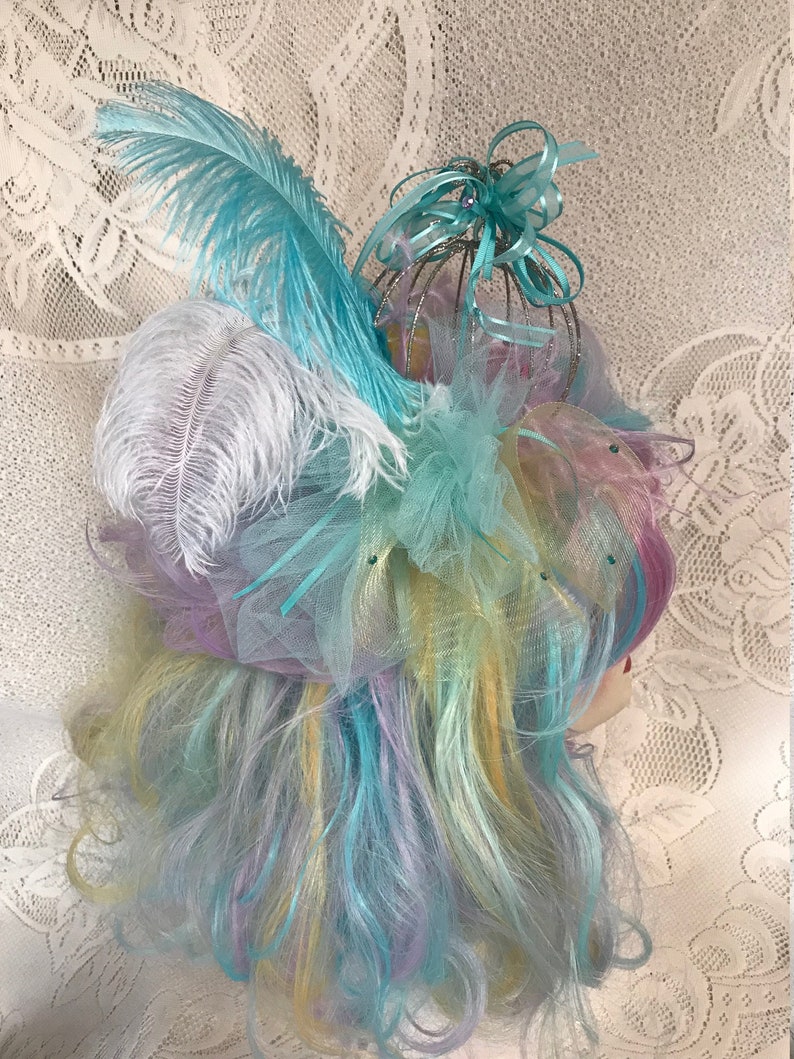 Teal, Lavender, Pink and Yellow Long Wavy Drag Show Wig with Sparkling Birdcage and Resident Bird. image 5