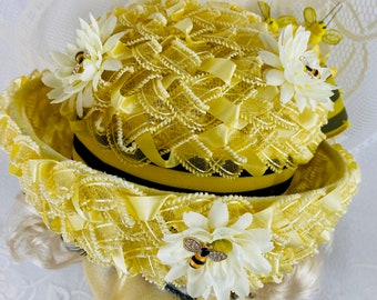 Yellow Woven Vintage Church Race Day Easter hat with ribbon, flowers and bumble bees