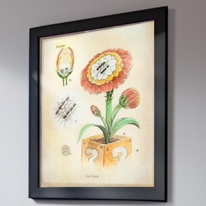 Super Mario Fire Flower Botanical Watercolor Wall Art | Digital Download for Gaming Room or Gifts