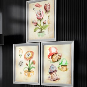 SET of 3 - Super Mario Botanical Watercolor Wall Art | Piranha Plant | Fire Flower | Mushrooms| Digital Downloads for Gaming Room or Gifts