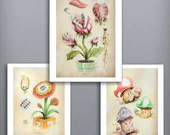 SET of 3 - Super Mario Botanical Illustration 8.5" x 11" Art Prints, Piranha Plant, Fire Flower, Mushrooms, Super Mario Bros, Watercolor