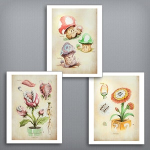 SET of 3 - Super Mario Botanical Illustration 8.5" x 11" Art Prints, Piranha Plant, Fire Flower, Mushrooms, Super Mario Bros, Watercolor