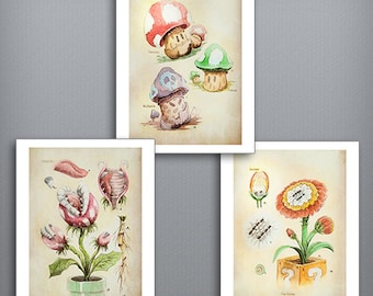 SET of 3 - Super Mario Botanical Illustration 8.5" x 11" Art Prints, Piranha Plant, Fire Flower, Mushrooms, Super Mario Bros, Watercolor
